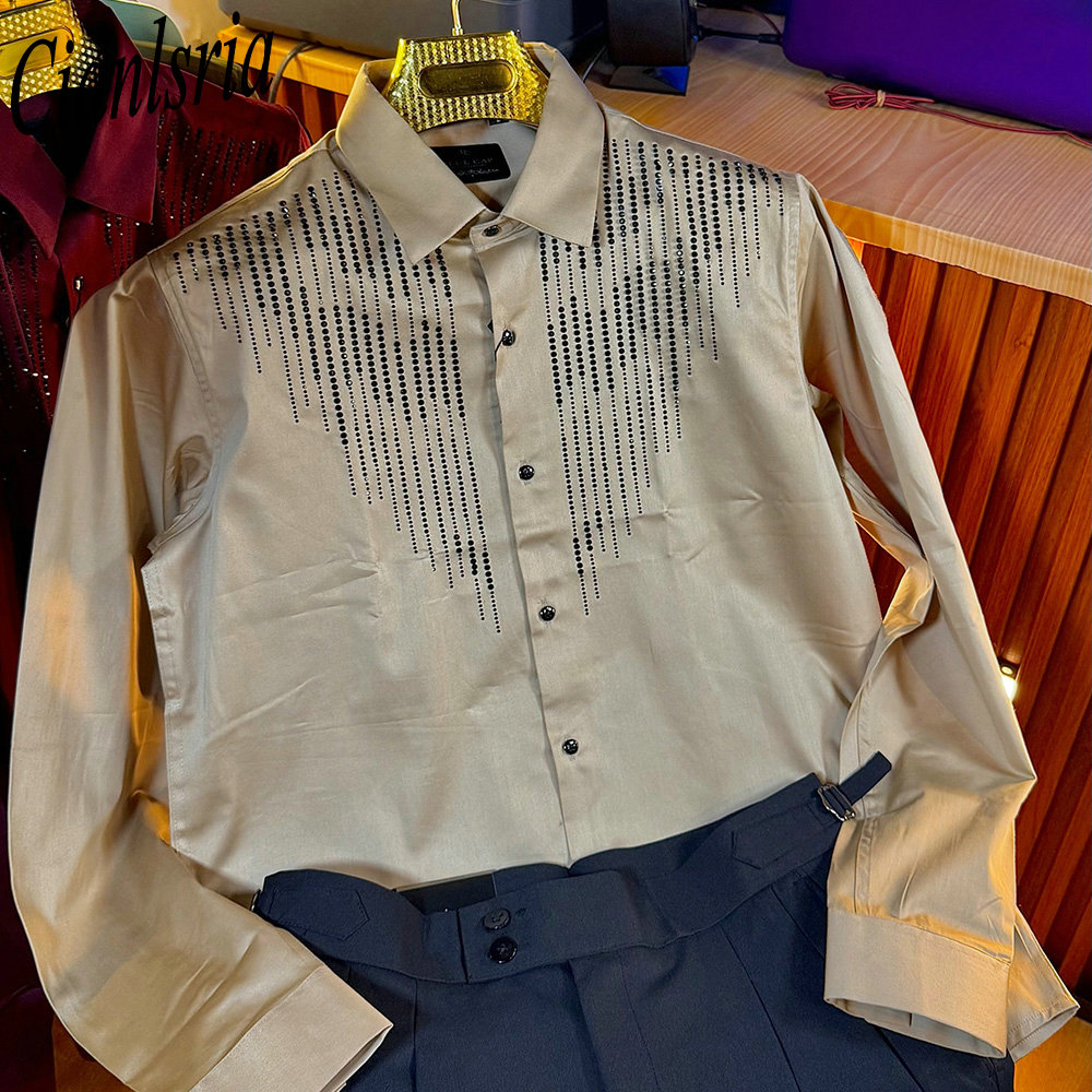 Men Formal Party Wear Shirt - Мужская роскошная рубашка с вертикальными стразами,