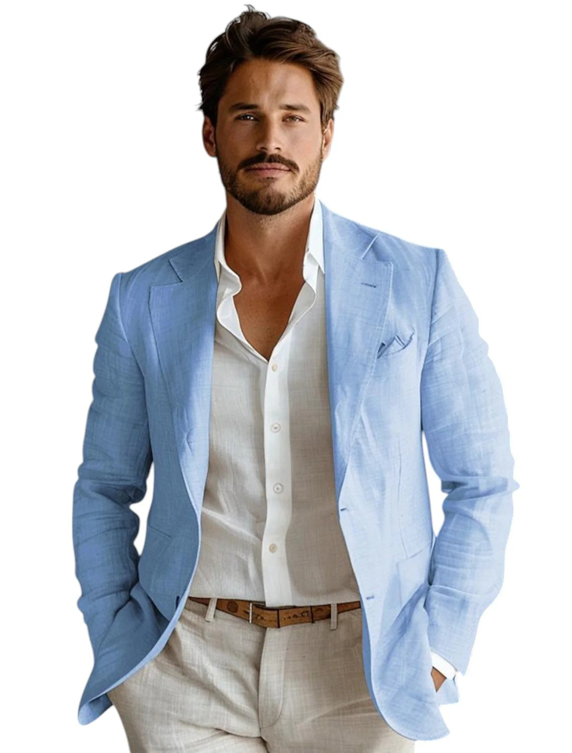 Men Formal Wear Summer - Синий приталенный мужской льняной пиджак для